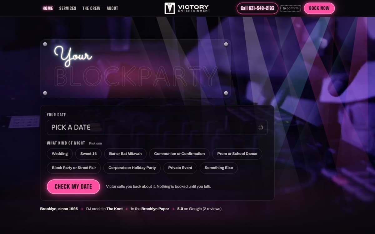 Victory Entertainment, the site on a desktop